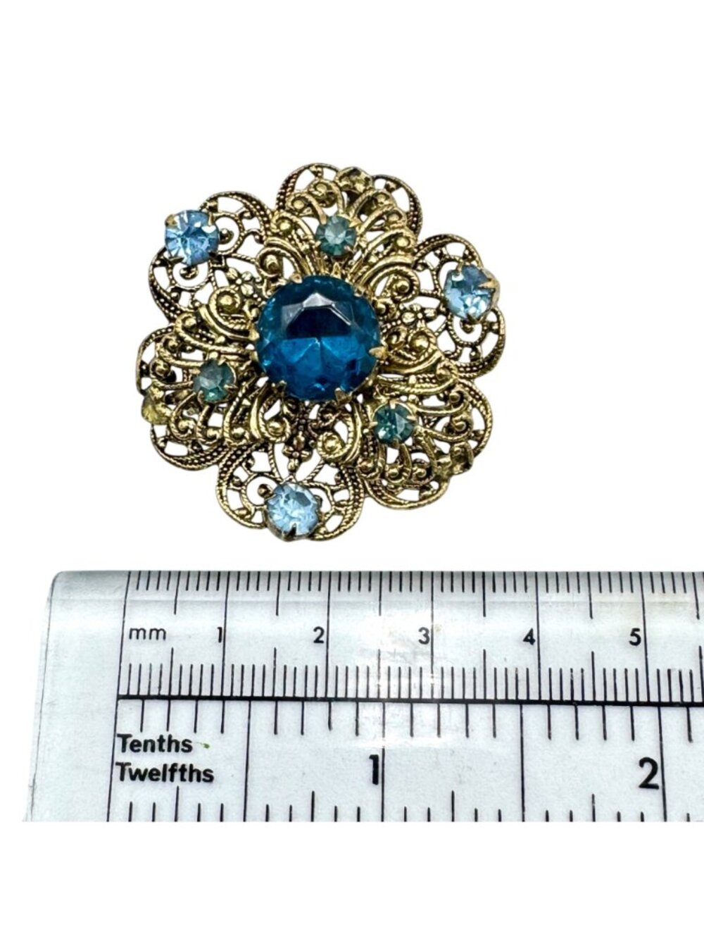 Vintage Filigree Floral Brooch w/ Prong Set Blue Glass Gold Tone Stacked 1.5" - Picture 8 of 8